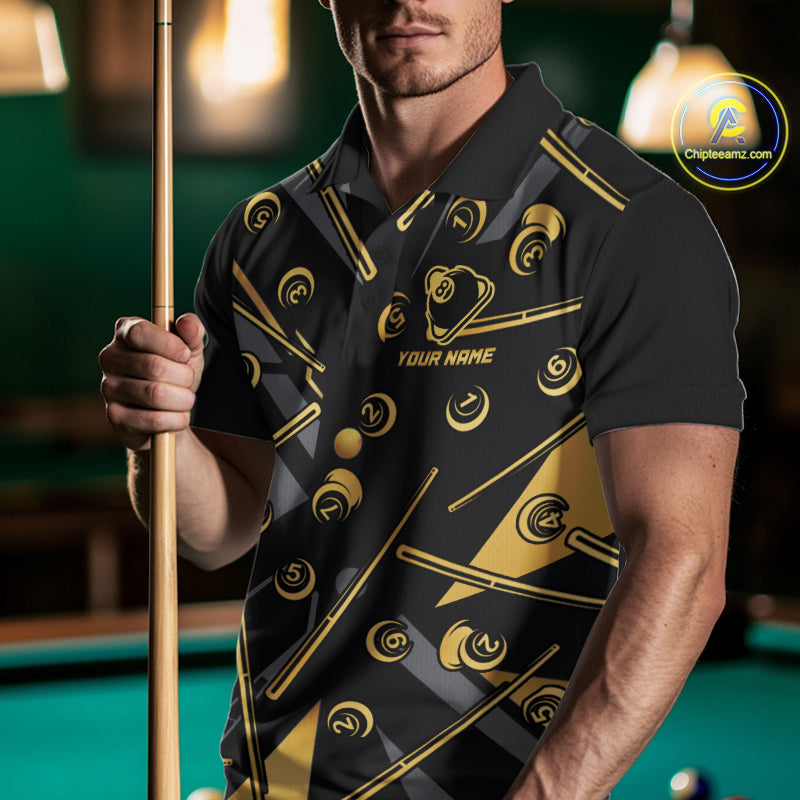 Male model wearing Black & Gold 8 Ball pool polo, custom women's billiard tournament jersey, personalized cue sports apparel, league performance uniform, elegant championship team clothing