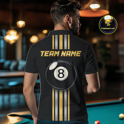 Male model wearing Black & Gold 8 Ball pool polo, custom women's billiard tournament jersey, personalized cue sports apparel, league performance uniform, elegant championship team clothing