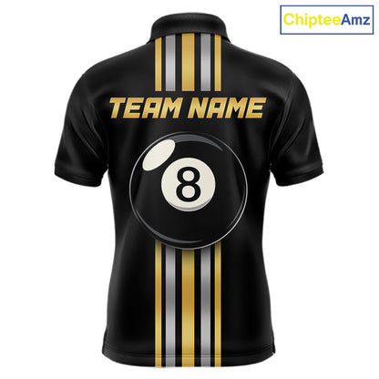 Black & Gold 8 Ball men's billiard polo with metallic gold styling, personalized pool tournament jersey, custom cue sports apparel, league uniform, professional billiard team shirt, championship performance sportswear