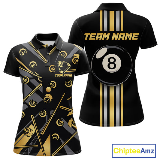 Black & Gold 8 Ball women's billiard polo featuring premium gold accents, custom pool team jersey, personalized league apparel, cue sports performance shirt, 8 Ball tournament uniform, championship billiards clothing, luxury athletic polo