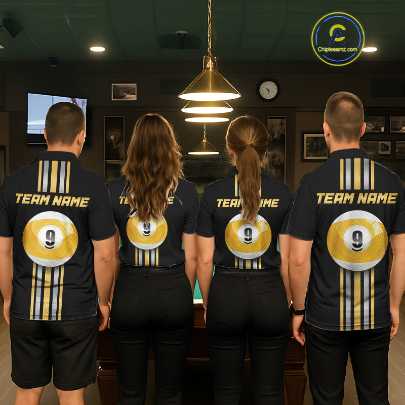 Matching Black & Gold 9 Ball billiard team jerseys, custom pool tournament uniforms, league apparel, cue sports championship clothing, premium team performance jerseys