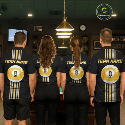 Matching Black & Gold 9 Ball billiard team jerseys, custom pool tournament uniforms, league apparel, cue sports championship clothing, premium team performance jerseys