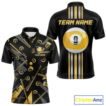 Black & Gold 9 Ball men's pool polo with premium metallic styling, personalized billiard tournament jersey, custom cue sports apparel, professional 9 Ball league uniform, championship athletic clothing