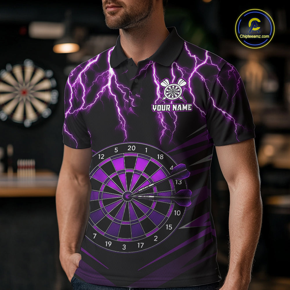 Male model wearing Thunder Lightning Purple Dartboard Custom Darts Polo, Personalized Tournament Team Jersey, Professional Dart Competition Apparel