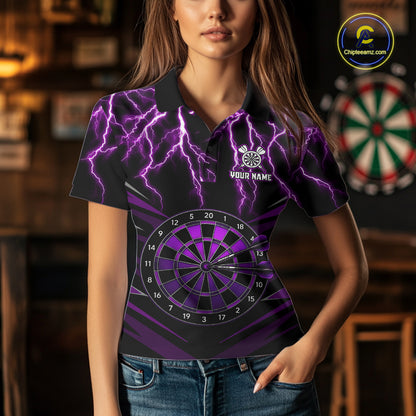 Female model wearing Thunder Lightning purple custom darts polo with personalized name