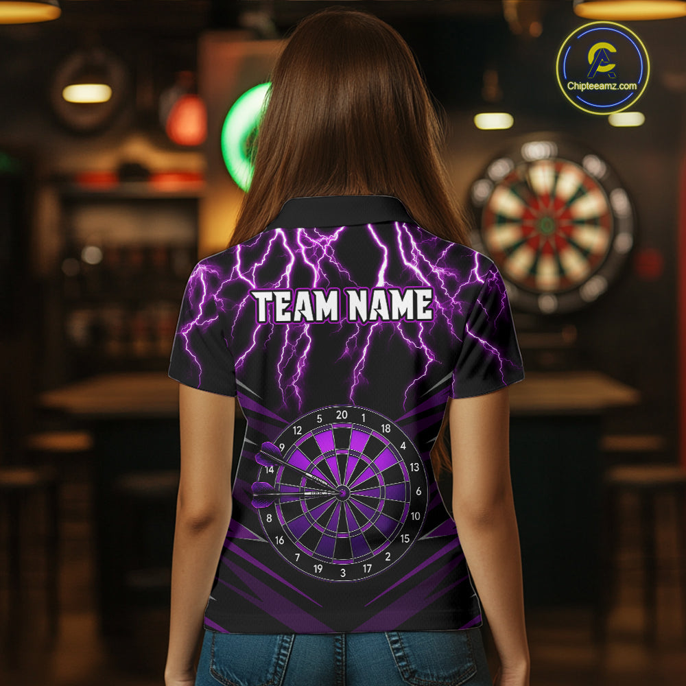 Female model wearing Thunder Lightning purple custom darts polo with personalized name