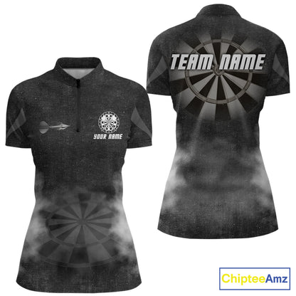 Black Smokes Women's Quarter-Zip Darts Shirt Mockup, Custom Dart Tournament Apparel, Personalized League Jersey