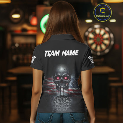 Custom Smoke US Flag Black Dripping Skull Women Darts Polo Shirt Patriotic Dart Jerseys NYN1899