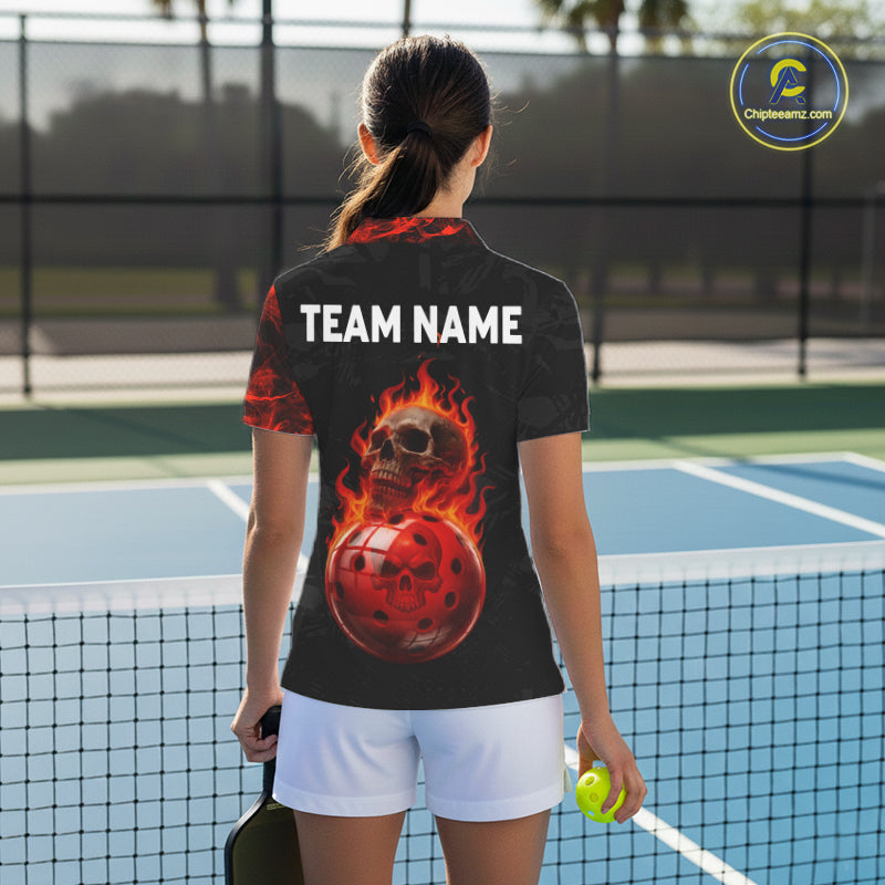 Custom Red Flaming Women Pickleball Ball 3D League Jerseys Flame Skull Pickleball Team Shirts NYN2156