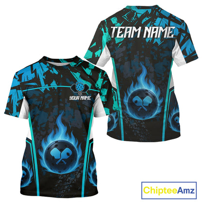 Custom Black Grunge Blue Flames Pickleball Ball Jerseys Men Pickleball Paddle Team Shirts NYN2160