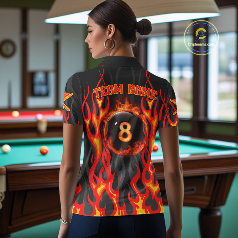 Fire Flame 8 Ball Pool Women Billiard Polo & 1/4-Zip Attire Custom Red Billiard Shirt Designs NYN2412