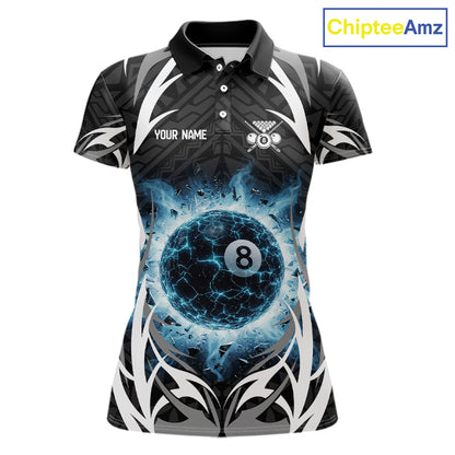 Lightning Blue 8 Ball Women Billiard Polo & 1/4-Zip Jersey Custom Tribal Pool Billiard Shirt NYN2415