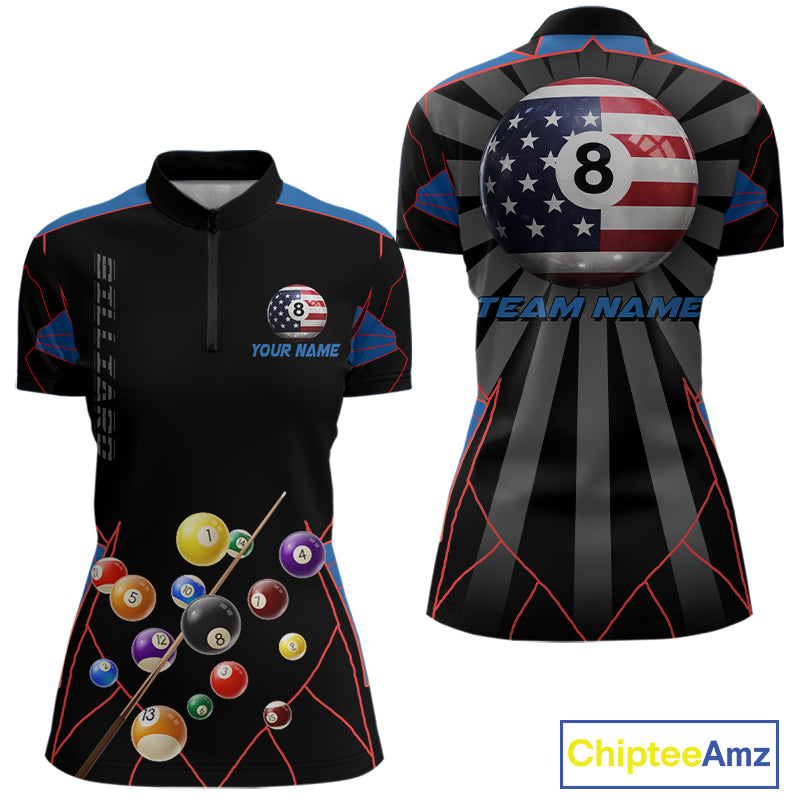Custom US Flag 8 Ball Pool Team Shirt Personalized Women Billiard Polo & 1/4-Zip Attire Gifts NYN2417