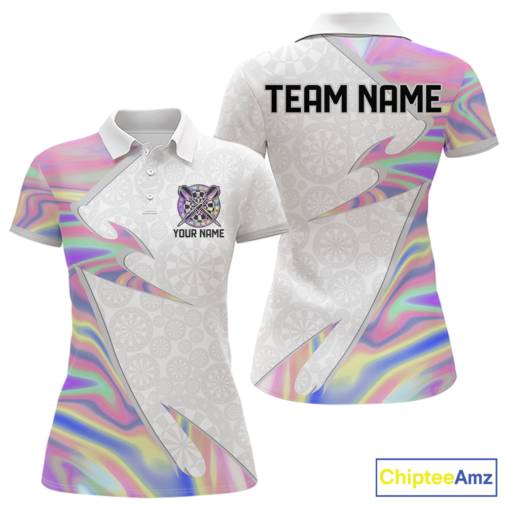 Personalized Pink Holographic Dartboard Pattern Women Darts Polo & 1/4-Zip Shirts Dart Team Jerseys NYN2811