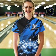 Load image into Gallery viewer, Womens Thunder Lightning Bowling Polo 1/4-Zip Shirts Custom Blue Stripes Team Bowling Jerseys NYN3455