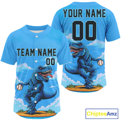 Custom Blue Dinosaur Baseball Shirt For Men Outfits Button Up Baseball Jerseys NYN1351