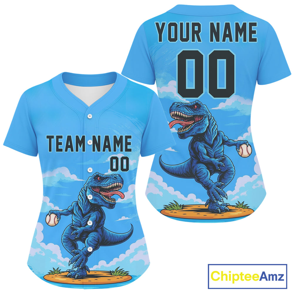 Custom Blue Dinosaur Baseball Shirt For Women Outfits Button Up Baseball Jerseys NYN1351