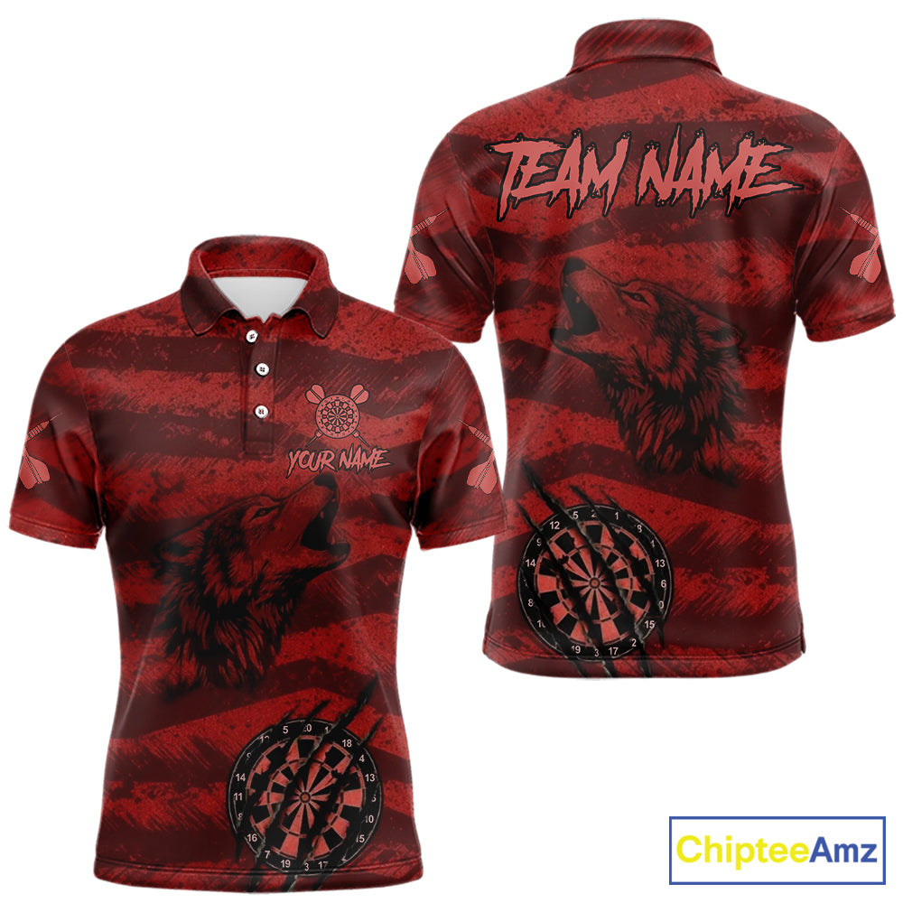 Custom Red Grunge Wolf Torn Dartboard Men Darts Polo Shirt Wolf Dart League Jerseys NYN2166
