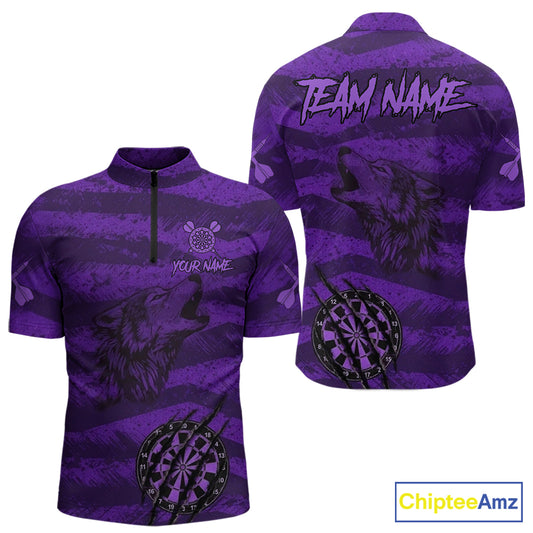 Custom Purple Grunge Wolf Torn Dartboard Men Darts Quarter-Zip Shirt Wolf Dart League Jerseys NYN2167