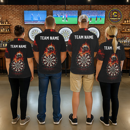 Custom Black & Red Flaming Skull Darts Polo Shirt For Men Skull Dart League Jerseys NYN2169