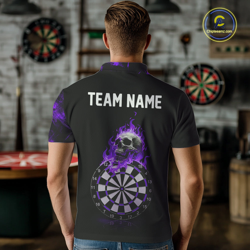 Custom Black & Purple Flaming Skull Darts Polo Shirt For Men Skull Dart League Jerseys NYN2170