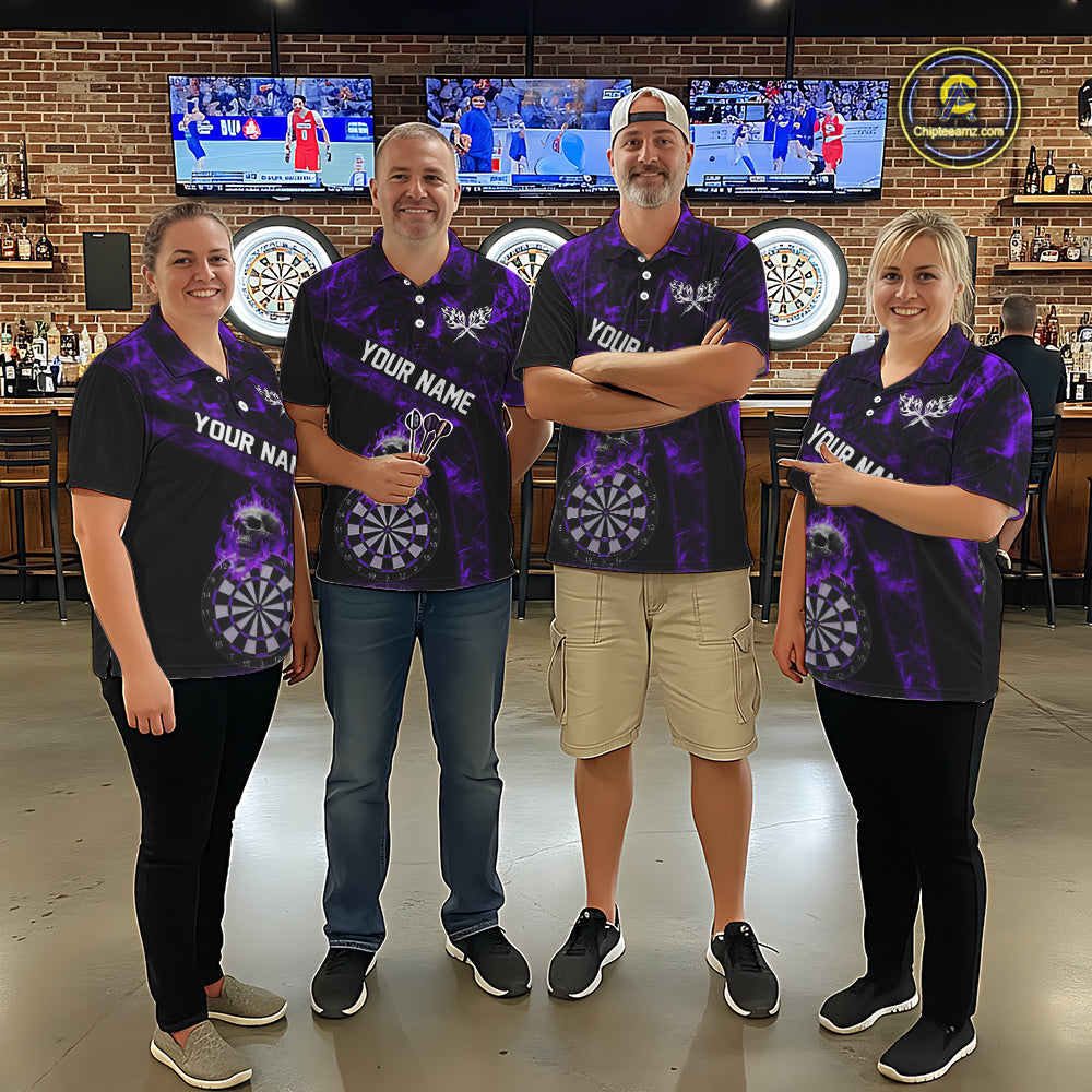 Custom Black & Purple Flaming Skull Darts Polo Shirt For Women Skull Dart League Jerseys NYN2170