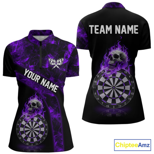 Custom Black & Purple Flaming Skull Darts Quarter-Zip Shirt For Women Skull Dart League Jerseys NYN2170