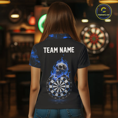 Custom Black & Blue Flaming Skull Darts Polo Shirt For Women Skull Dart League Jerseys NYN2171