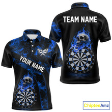 Load image into Gallery viewer, Custom Black &amp; Blue Flaming Skull Darts Polo Shirt For Men Skull Dart League Jerseys NYN2171