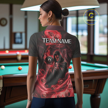 Grim Reaper Red Flames 8 Ball Pool Women Polo & 1/4-Zip Shirt Personalized Skull Billiard Gifts NYN2433