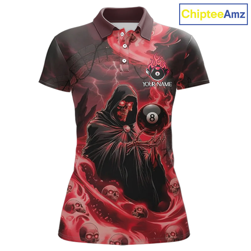 Grim Reaper Red Flames 8 Ball Pool Women Polo & 1/4-Zip Shirt Personalized Skull Billiard Gifts NYN2433