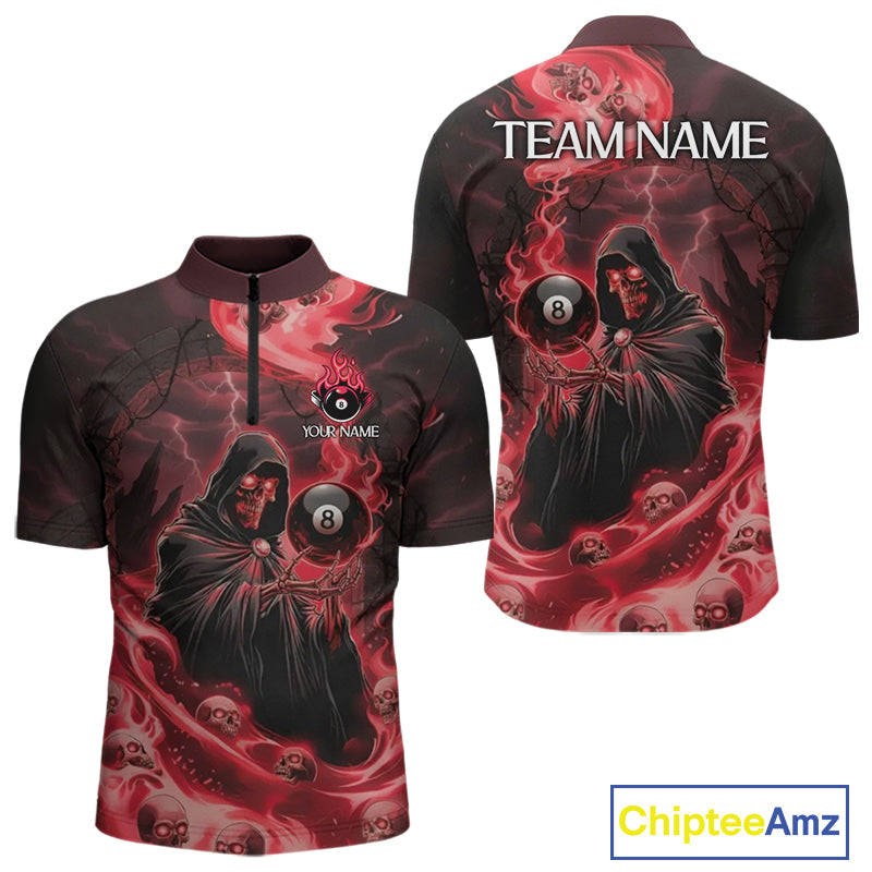 Grim Reaper Red Flames 8 Ball Pool Men Polo & 1/4-Zip Shirt Personalized Skull Billiard Gifts NYN2433
