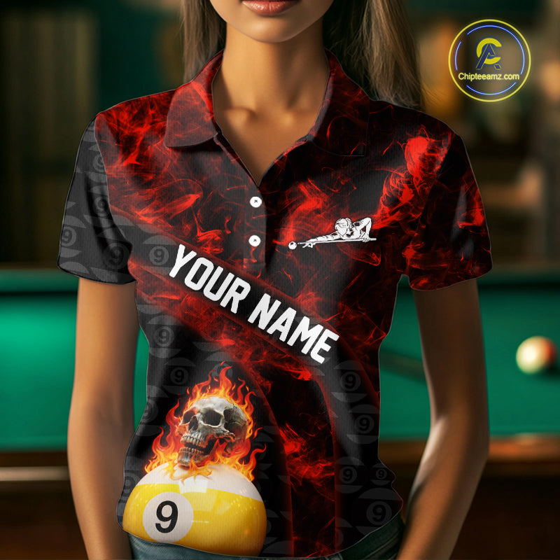 Fire Skull 9 Ball Pool Billiard Team Shirt For Women Custom Red Flames Billiard Ball & Cue Gifts NYN2437
