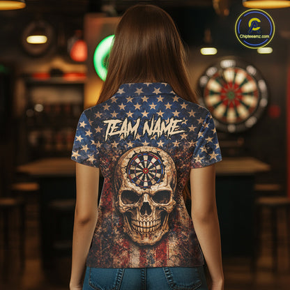 US Flag Retro Cracked Skull Dartboard Women Darts Polo Shirt Custom Patriotic Vintage Dart Shirt NYN2660