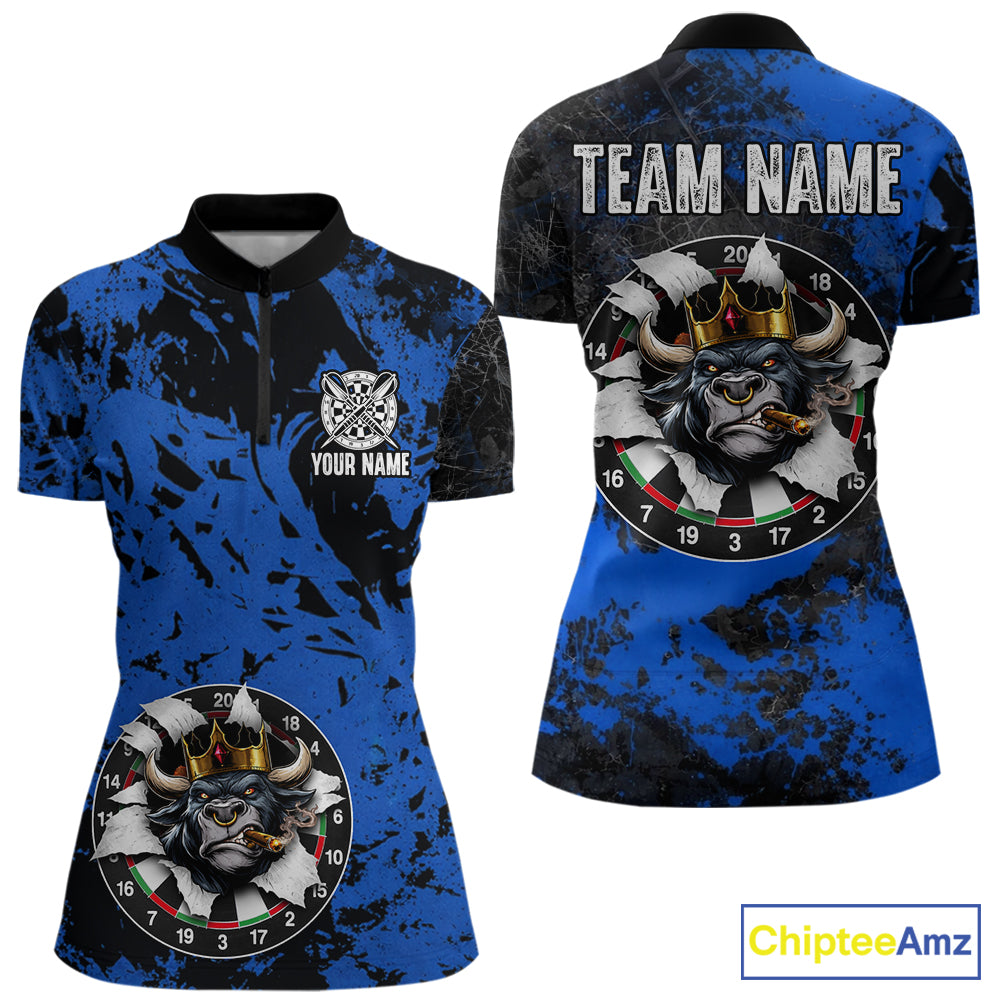 Personalized Black & Grunge Crown Blue Funny Bull Cracked Darts Shirts For Women Dart Team Jerseys NYN2817
