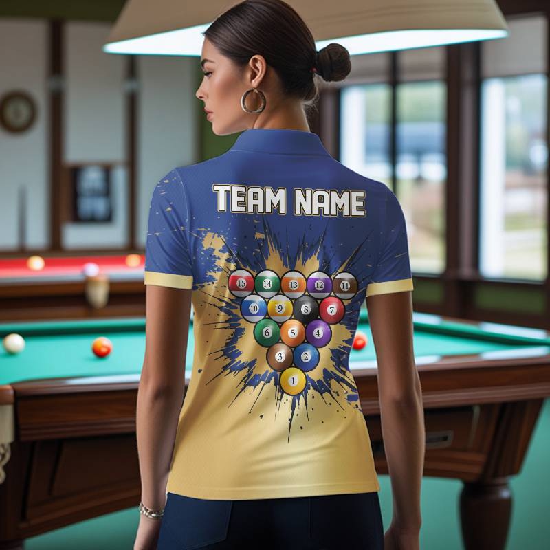 Gold Blue Splatter Billiard Custom Women Billiard Polo & 1/4-Zip Shirts Pool Billiard Team Jerseys NYN3013