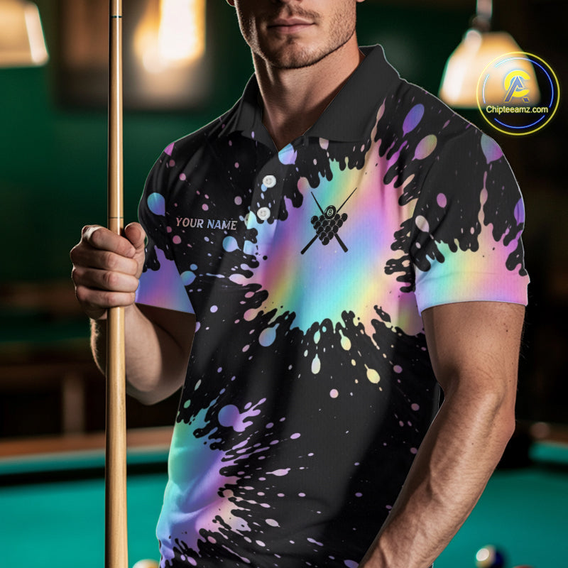 Holographic Rainbow Pool Billiard Shirts For Men Custom Flame 8 Ball Pool Billiard Team Jerseys NYN3016