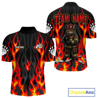 Personalized Funny Cat Firefighter Fire Flame Men Bowling Shirt Custom Team Shirts For Bowlers NYN3191