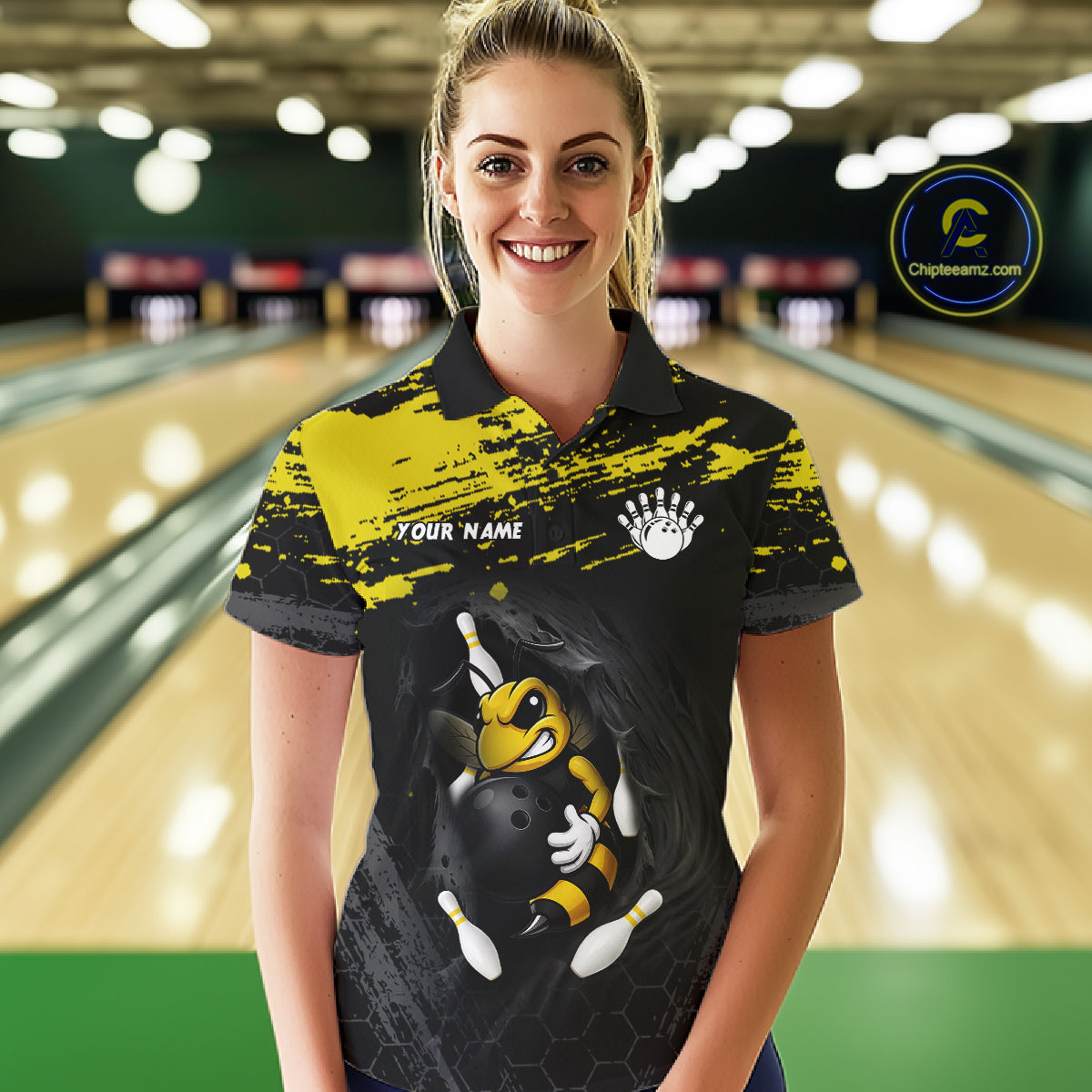 Custom Angry Bee Bowling Shirt Funny Bowling Team League Yellow Grunge Bowling Jersey For Women NYN3193