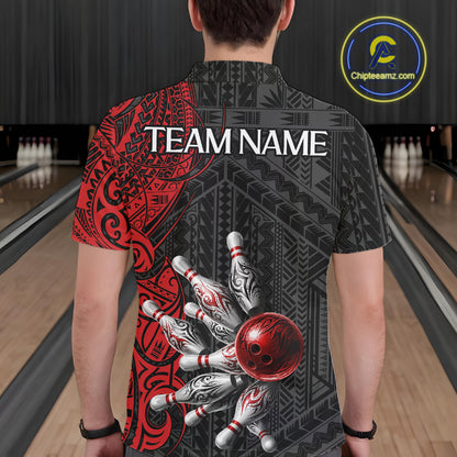 Red And Black Polynesian Tribal Bowling Ball & Pins Shirt For Men Custom Bowling Team Shirts Outfit NYN3201