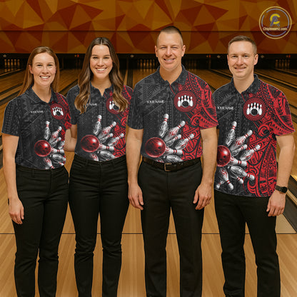 Red And Black Polynesian Tribal Bowling Ball & Pins Shirt For Men Custom Bowling Team Shirts Outfit NYN3201