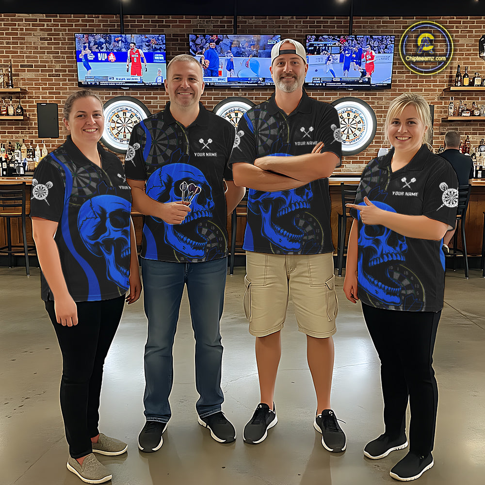 Dart team wearing Black Blue Skull Personalized Jerseys, Professional Dart Tournament Uniforms
