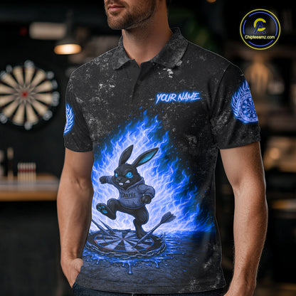 Male model wearing Crazy Rabbit Fire Flame Blue Darts Polo, Personalized Tournament Apparel