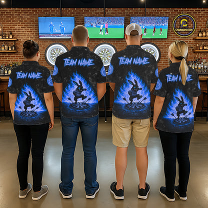 Dart team wearing Crazy Rabbit Fire Flame Blue Custom Jerseys, Professional Dart Tournament Uniforms