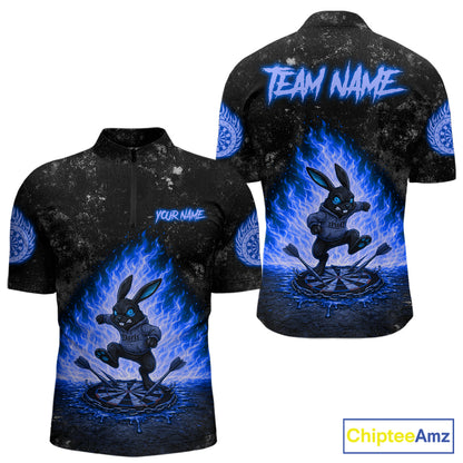 Crazy Rabbit Fire Flame Men's Quarter-Zip Darts Jersey Mockup, Blue Professional League Shirt