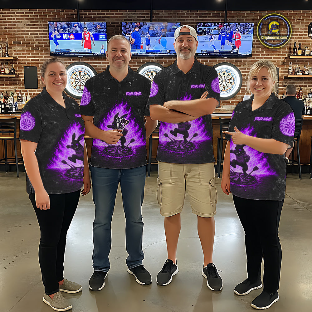 Dart team wearing Crazy Rabbit Fire Flame Purple Custom Jerseys, Professional Dart Tournament Uniforms