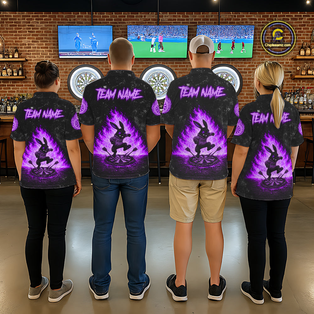 Dart team wearing Crazy Rabbit Fire Flame Purple Custom Jerseys, Professional Dart Tournament Uniforms
