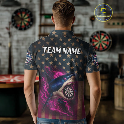 Custom Pink Flames Shark Patriotic Dart Polo Shirt For Men Outfit US Flag Dart Jersey NYN1361