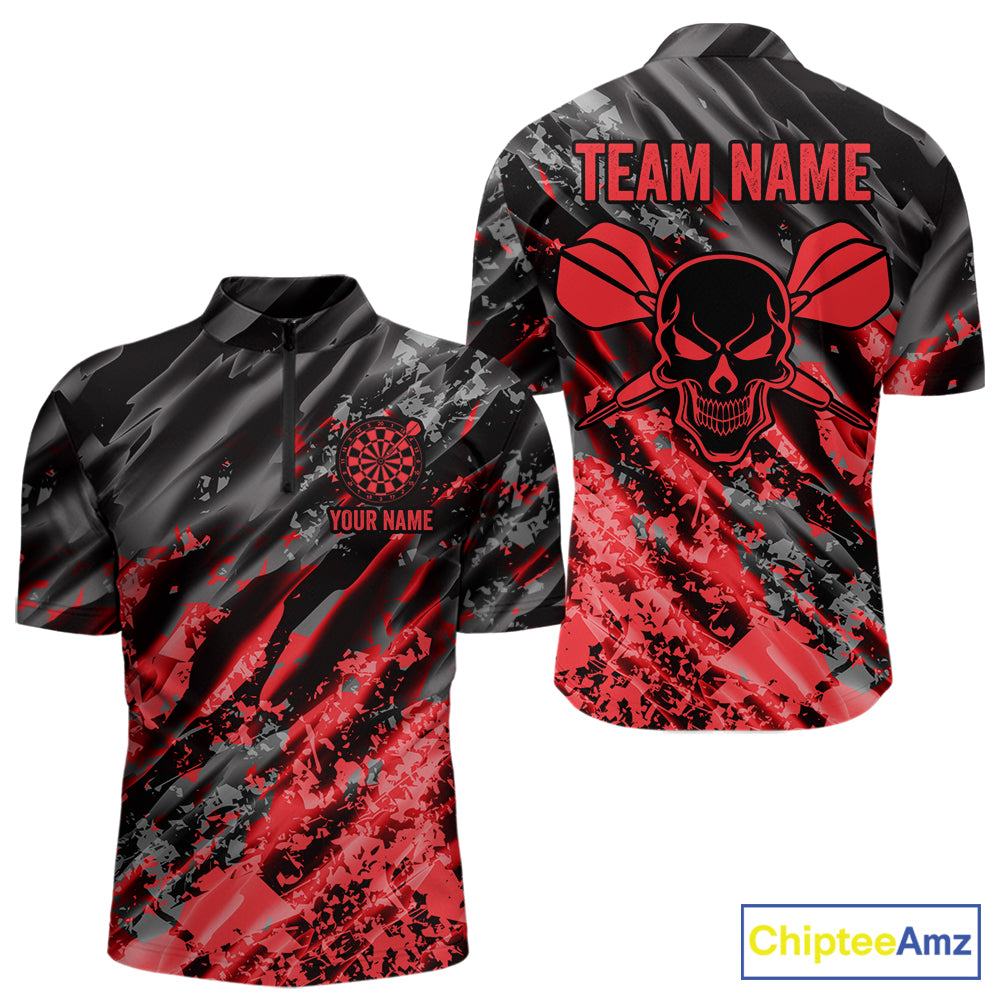 Custom Streaks Red And Grey Skull Men Darts Quarter-Zip Team Shirt Skull Dart League Jerseys NYN2179