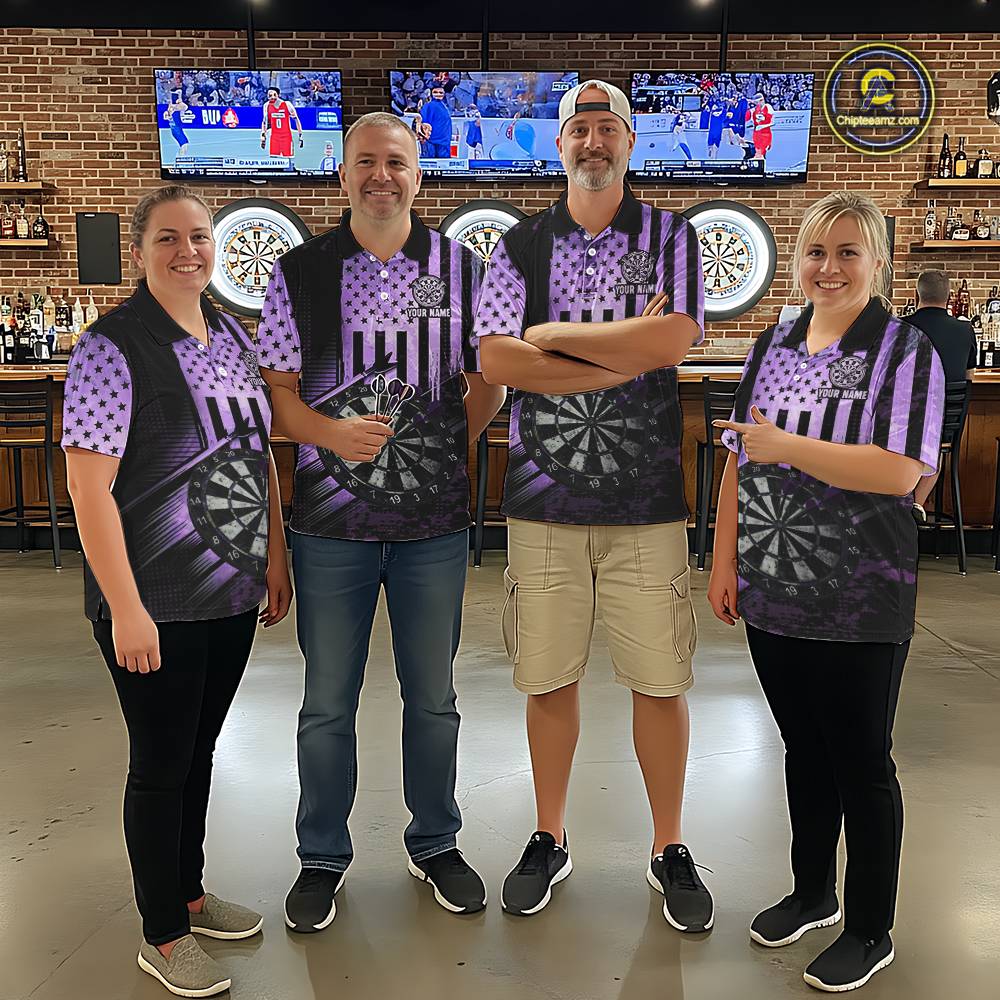 Purple US Flag Grunge Dartboard & Arrow Women Darts Polo Shirts Custom Dart Team Jerseys NYN2444